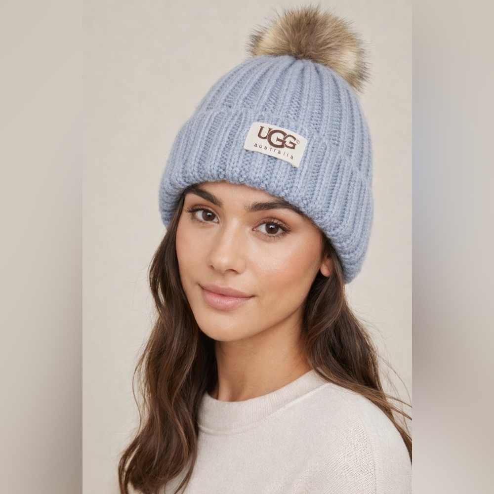 UGG Gray Ribbed Knit Pom Hat with Logo Patch